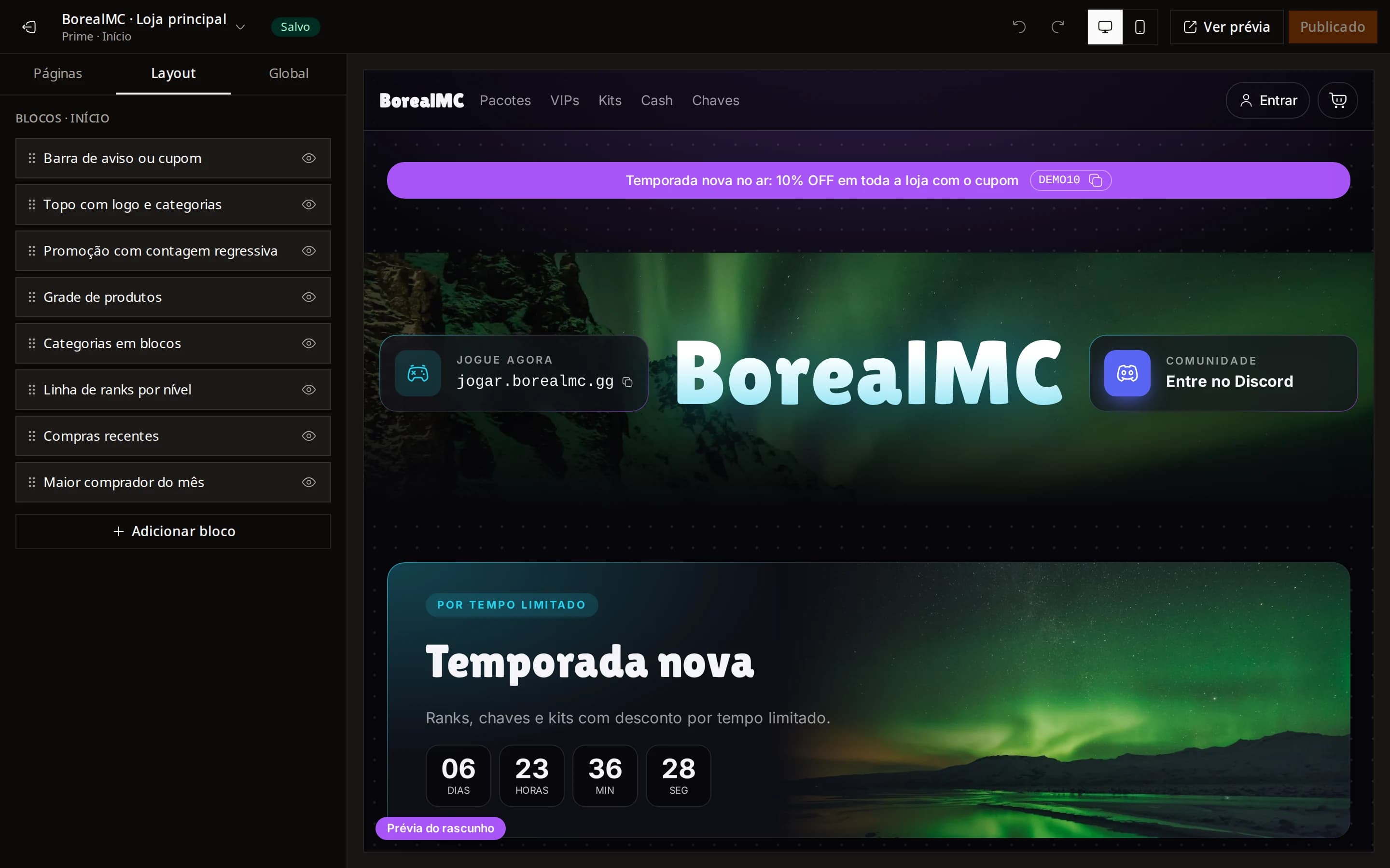 Editor da vitrine com a prévia ao lado