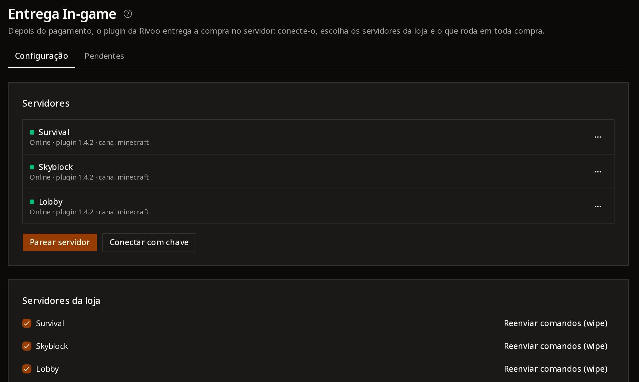 Servidores conectados na tela Entrega In-game