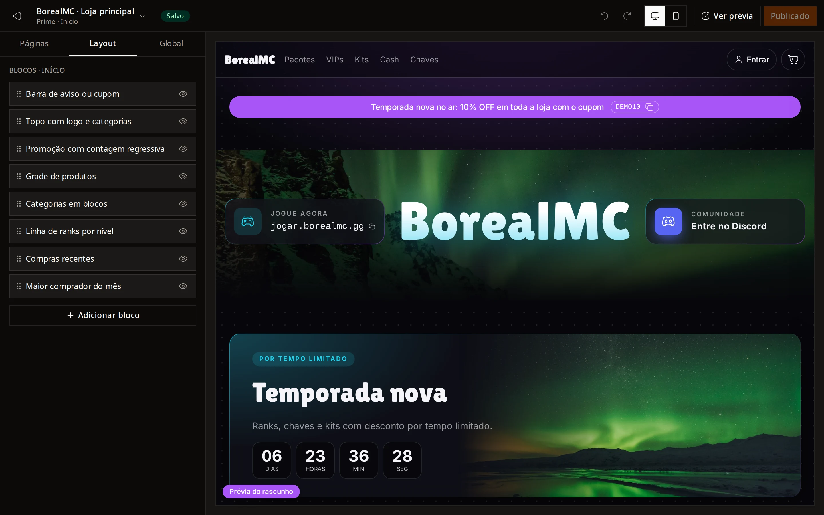 Editor da vitrine com a prévia ao lado