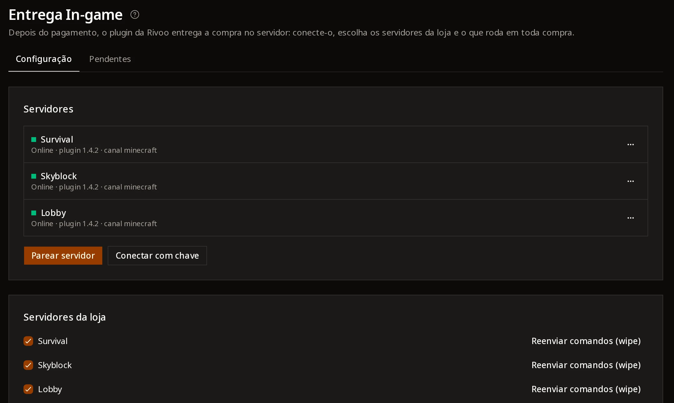 Servidores conectados na tela Entrega In-game